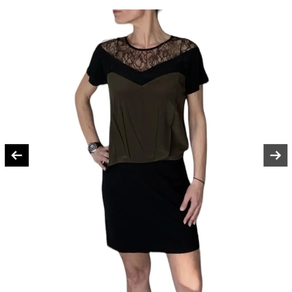Sandro Silk Black and Olive Dress with Lace Detail